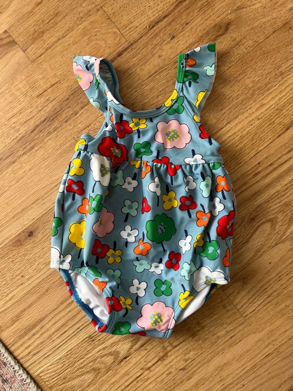 Hanna Andersson Light Blue Floral Ruffle One-Piece swimsuit baby 6-12 months